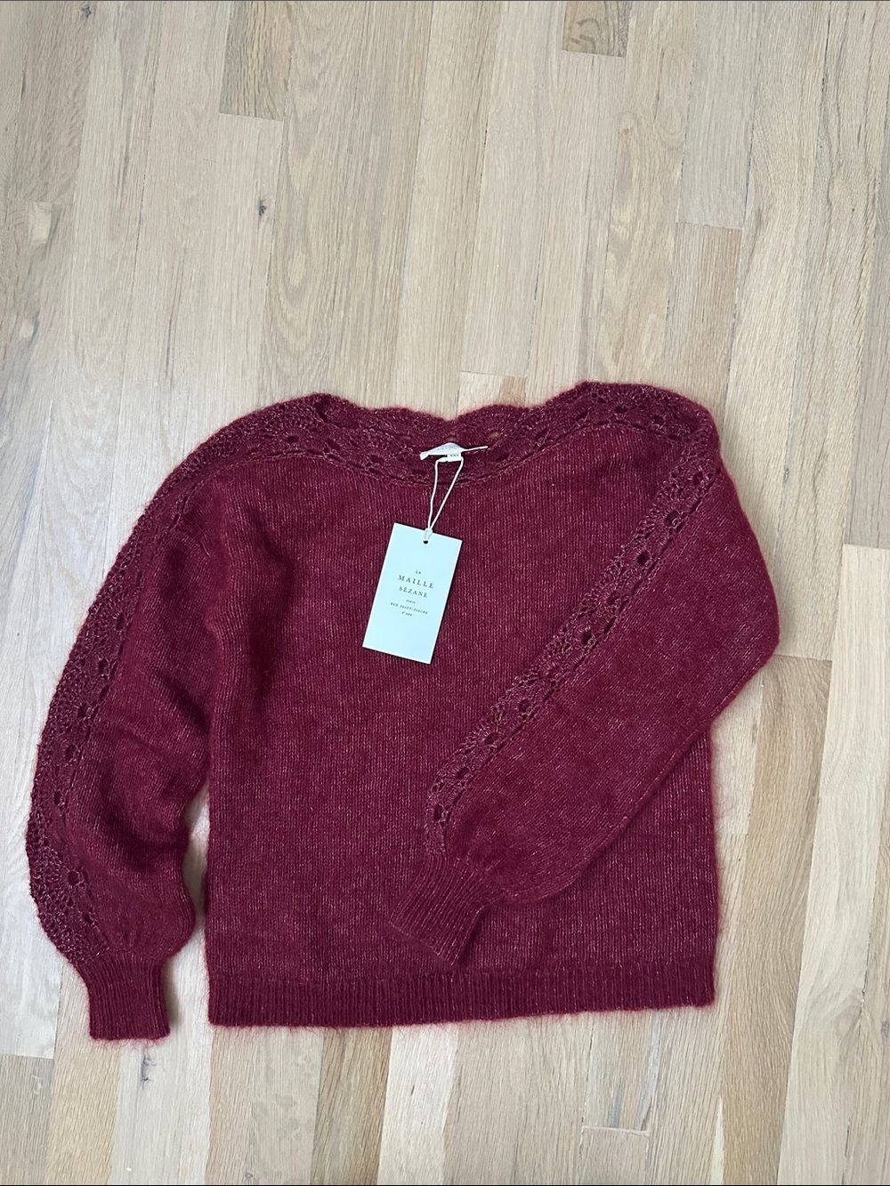Sezane Burgundy/Cherry Lace-Trim Crewneck Sweater